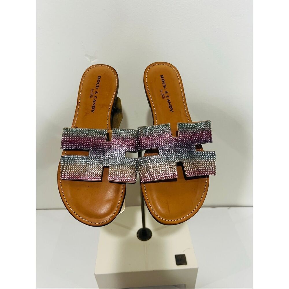Rock & Candy by ZiGi H Slide Sandal Rainbow Rhinestone Bengee Sz 6
